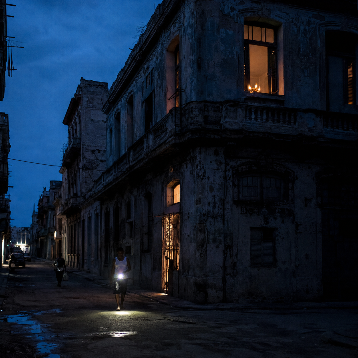 Calle habanera durante un apagón parcial, con edificios deteriorados, ventanas iluminadas y peatones usando luces portátiles