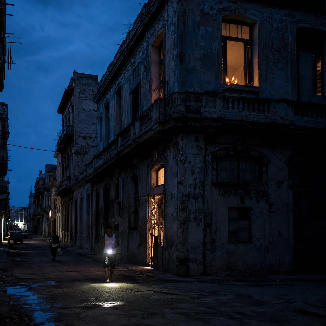 Calle habanera durante un apagón parcial, con edificios deteriorados, ventanas iluminadas y peatones usando luces portátiles